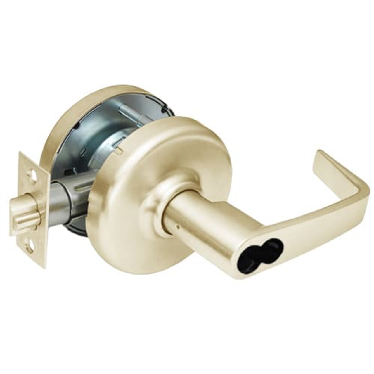 CL3581-NZD-606-CL6 Corbin CL3500 Series IC 6-Pin Less Core Heavy Duty Keyed with Blank Plate Cylindrical Locksets with Newport Lever in Satin Brass Finish