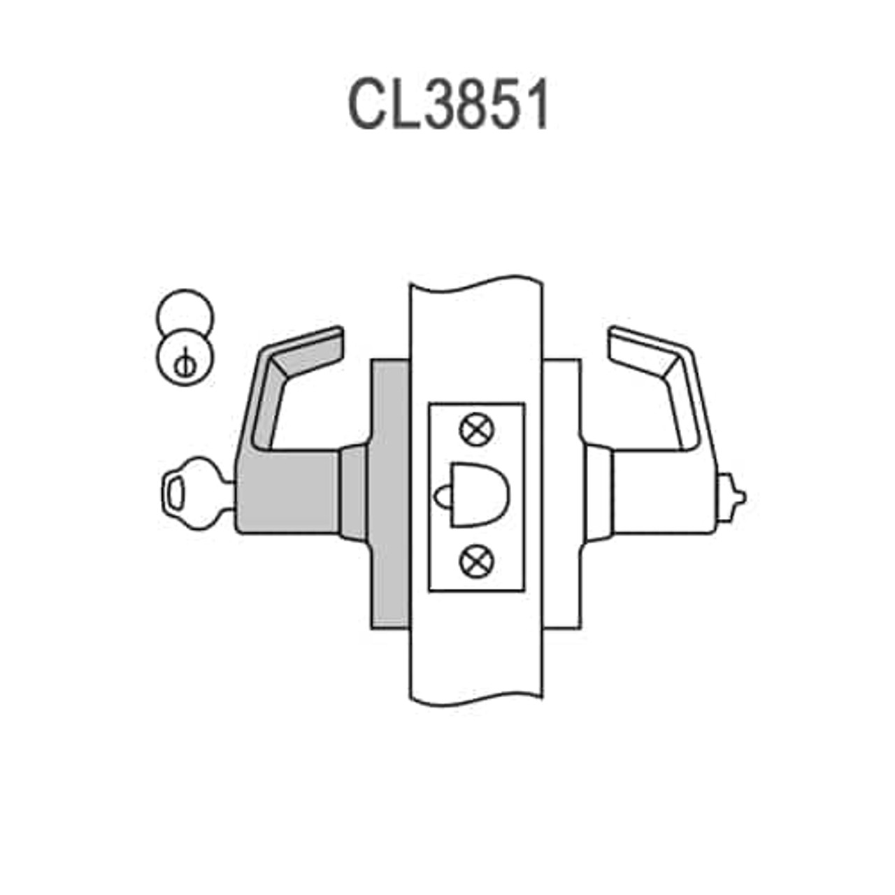 CL3851-AZD-626-LC Corbin CL3800 Series Standard-Duty Less Cylinder Entrance Cylindrical Locksets with Armstrong Lever in Satin Chrome