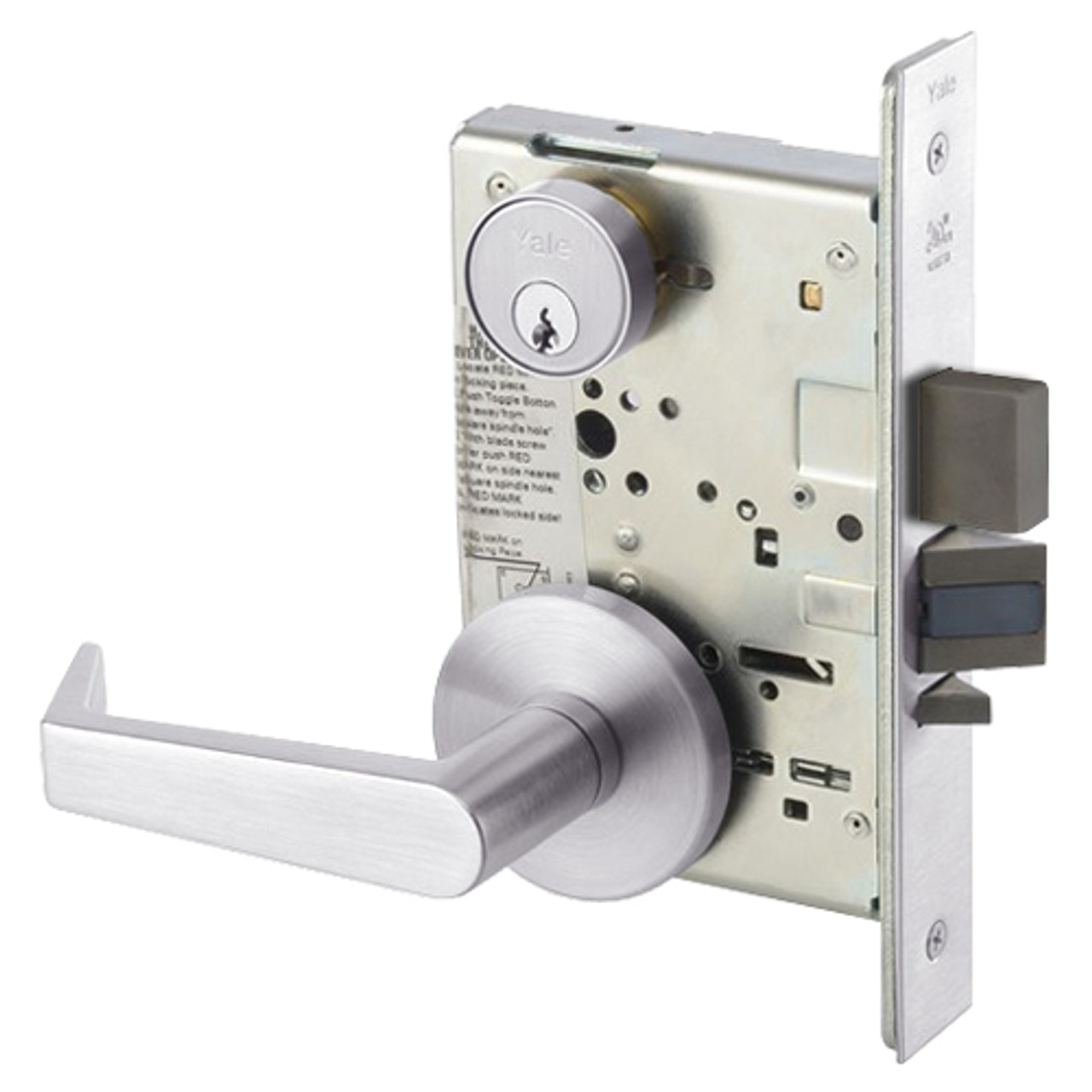 AUR8823FL-629 Yale 8800FL Series Single Cylinder with Deadbolt Mortise Storeroom Lock with Indicator with Augusta Lever in Bright Stainless Steel