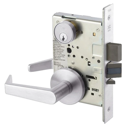 AUR8861FL-629 Yale 8800FL Series Single Cylinder with Deadbolt Mortise Dormitory or Storeroom Lock with Indicator with Augusta Lever in Bright Stainless Steel