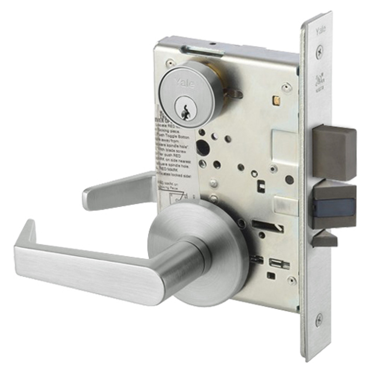 AUR8867FL-618 Yale 8800FL Series Single Cylinder with Deadbolt Mortise Dormitory or Exit Lock with Indicator with Augusta Lever in Bright Nickel