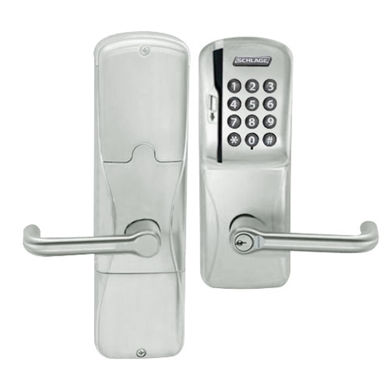 AD200-CY-40-MSK-TLR-RD-619 Schlage Privacy Magnetic Stripe Keypad Lock with Tubular Lever in Satin Nickel