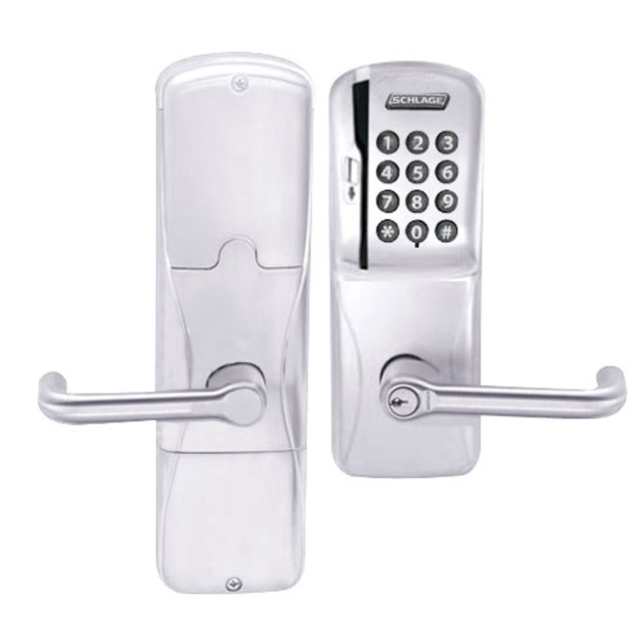 AD200-CY-40-MSK-TLR-RD-625 Schlage Privacy Magnetic Stripe Keypad Lock with Tubular Lever in Bright Chrome