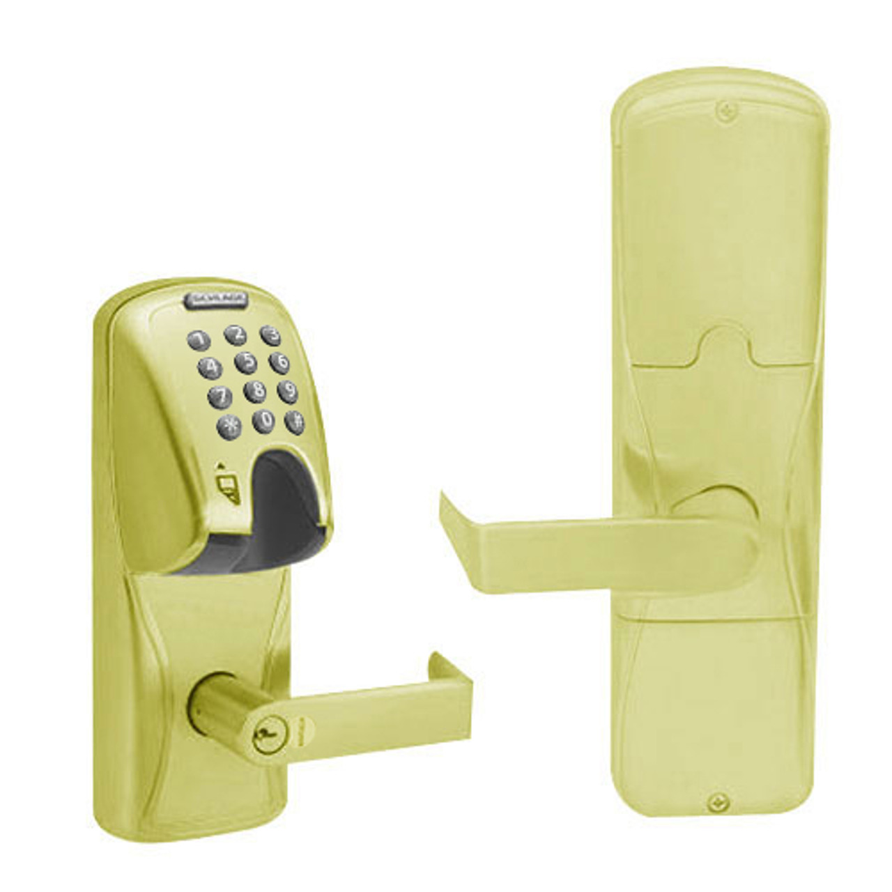 AD200-CY-40-MGK-RHO-RD-605 Schlage Privacy Magnetic Stripe(Insert) Keypad Lock with Rhodes Lever in Bright Brass
