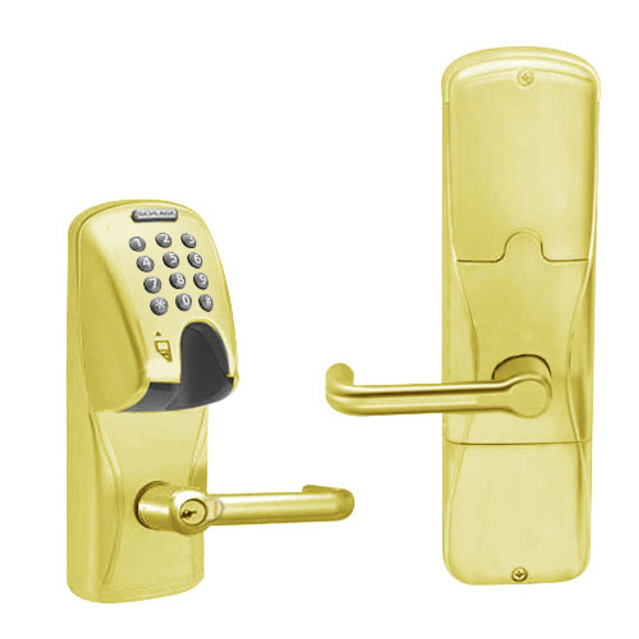 AD200-CY-40-MGK-TLR-RD-605 Schlage Privacy Magnetic Stripe(Insert) Keypad Lock with Tubular Lever in Bright Brass