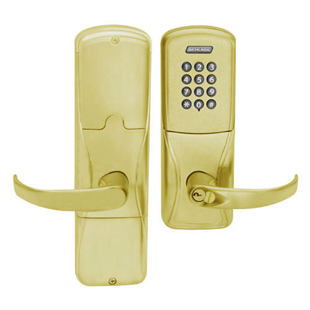 AD200-CY-60-KP-SPA-RD-606 Schlage Apartment Cylindrical Keypad Lock with Sparta Lever in Satin Brass