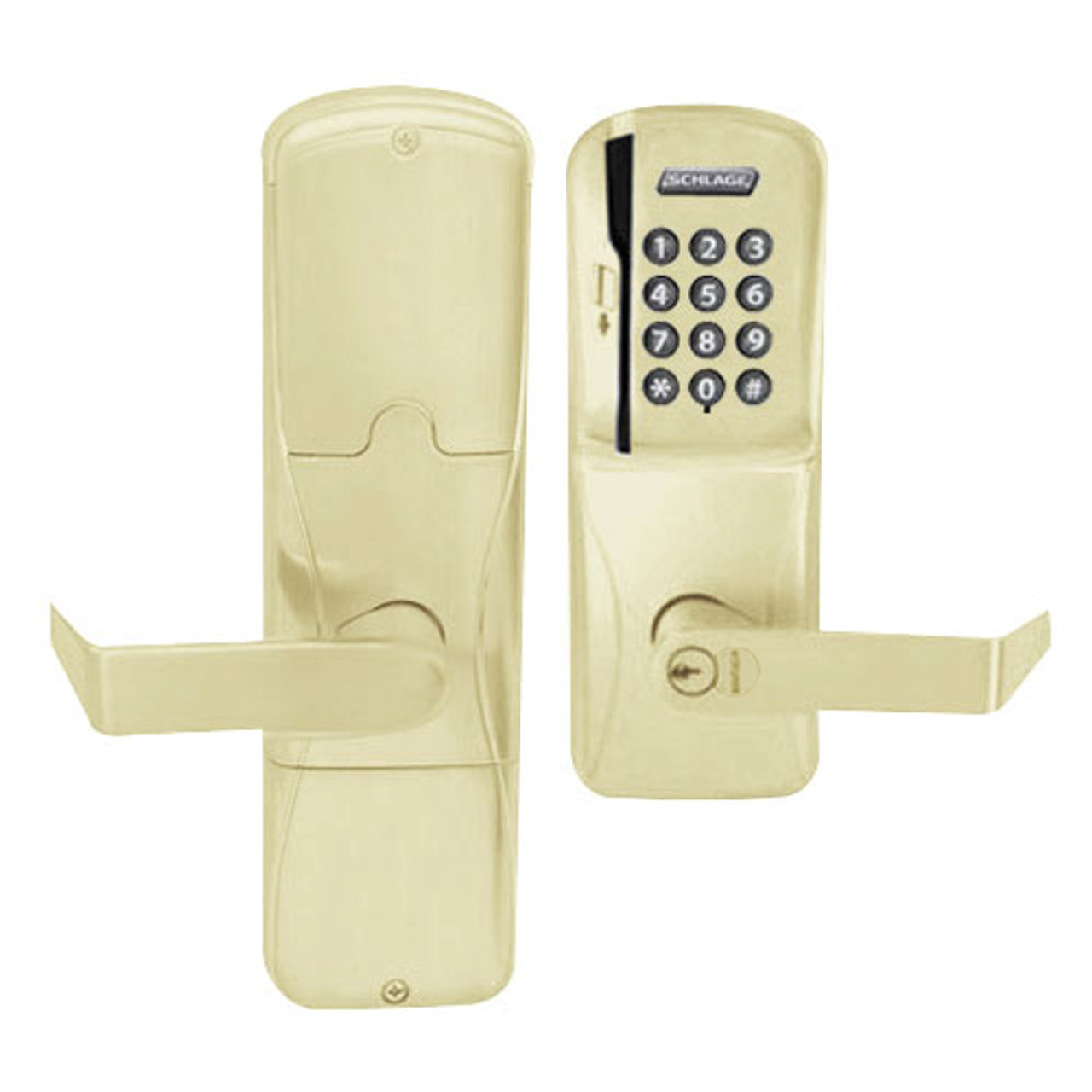 AD200-CY-60-MSK-RHO-RD-606 Schlage Apartment Magnetic Stripe Keypad Lock with Rhodes Lever in Satin Brass