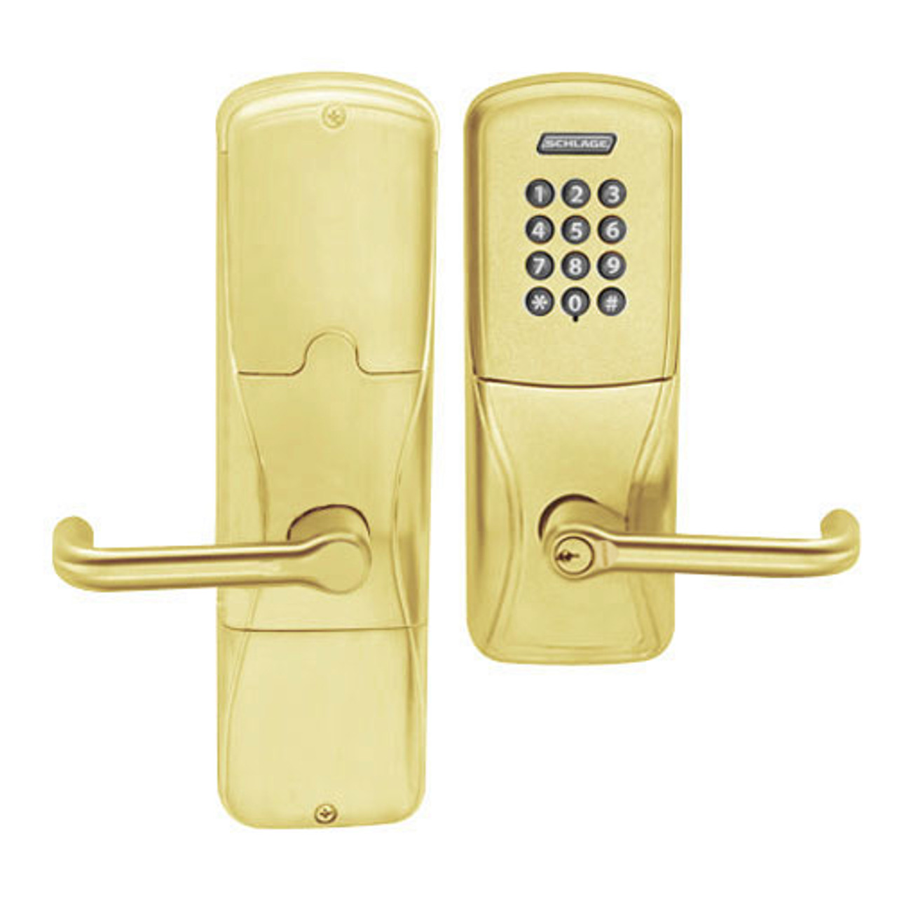 AD200-CY-40-KP-TLR-GD-29R-605 Schlage Privacy Cylindrical Keypad Lock with Tubular Lever in Bright Brass