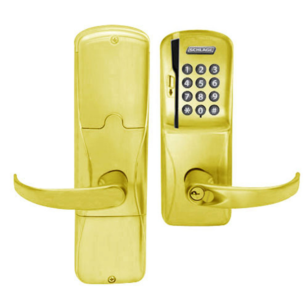AD200-CY-40-MSK-SPA-GD-29R-605 Schlage Privacy Magnetic Stripe Keypad Lock with Sparta Lever in Bright Brass