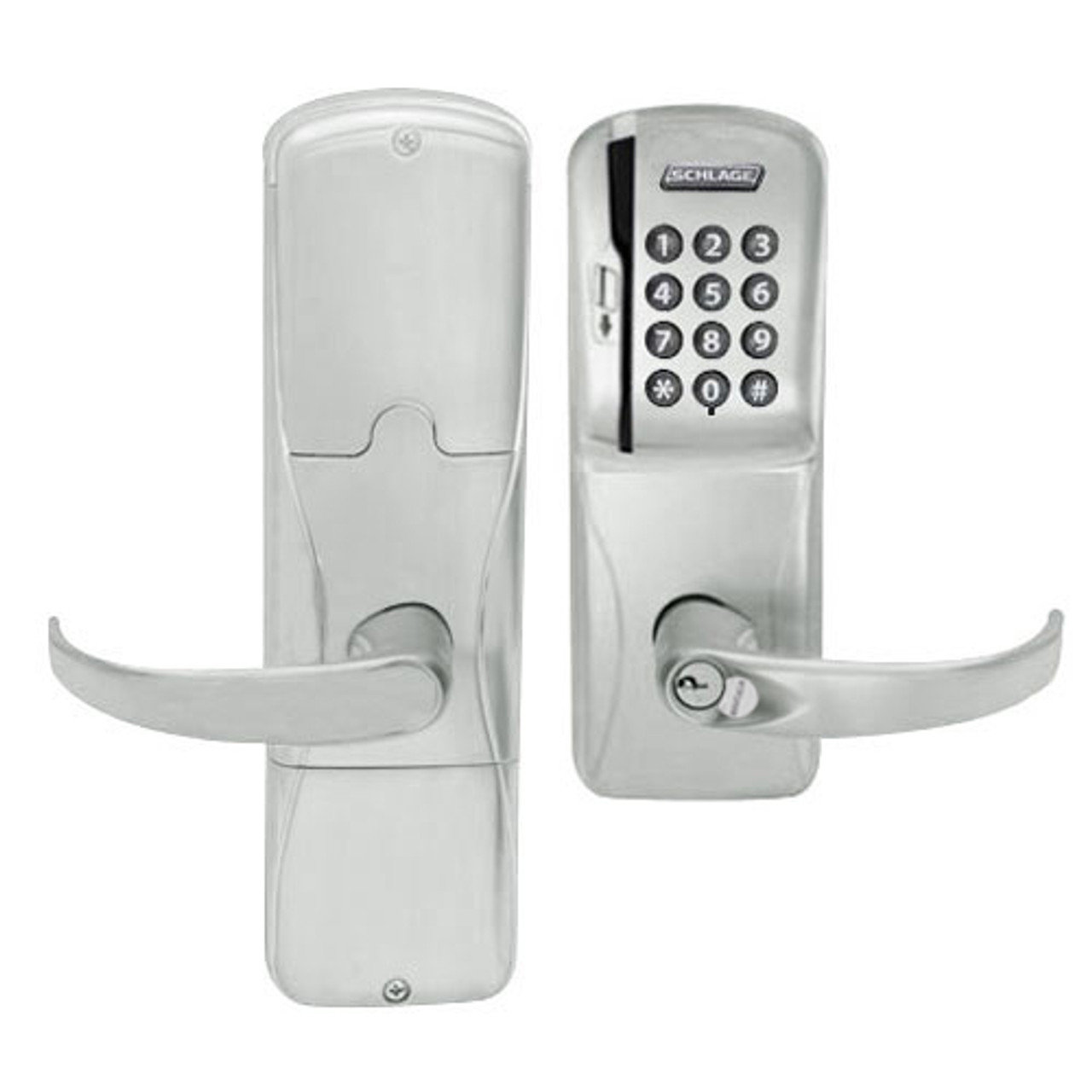 AD200-CY-40-MSK-SPA-GD-29R-619 Schlage Privacy Magnetic Stripe Keypad Lock with Sparta Lever in Satin Nickel