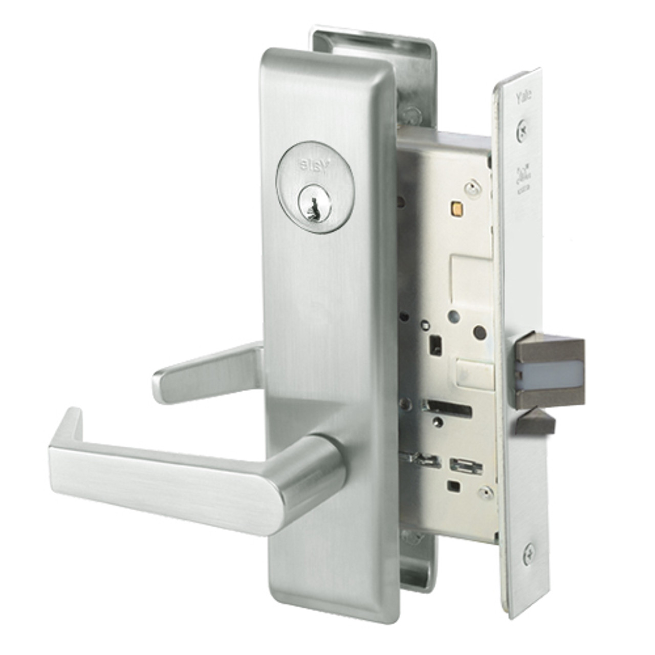 AUCN8824FL-618 Yale 8800FL Series Single Cylinder Mortise Hold Back Locks with Augusta Lever in Bright Nickel