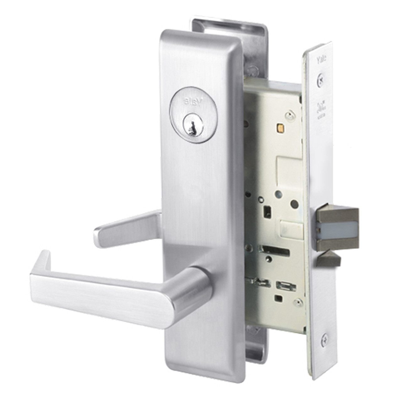 AUCN8824FL-625 Yale 8800FL Series Single Cylinder Mortise Hold Back Locks with Augusta Lever in Bright Chrome