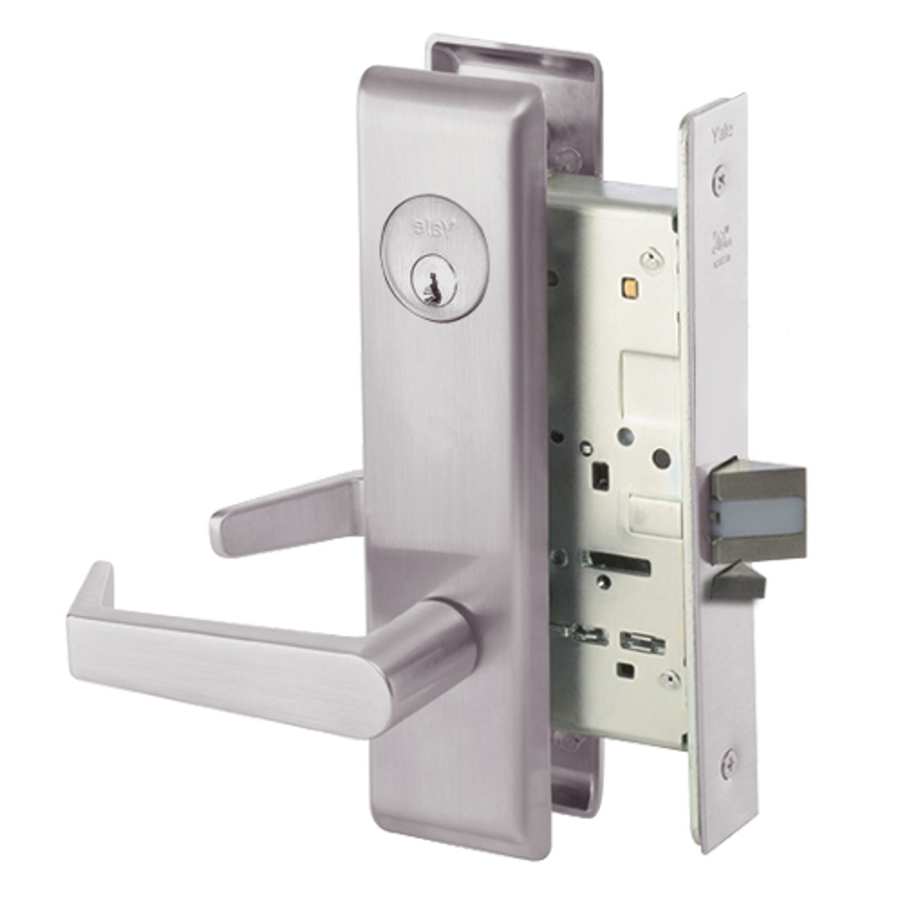 AUCN8824FL-630 Yale 8800FL Series Single Cylinder Mortise Hold Back Locks with Augusta Lever in Satin Stainless Steel