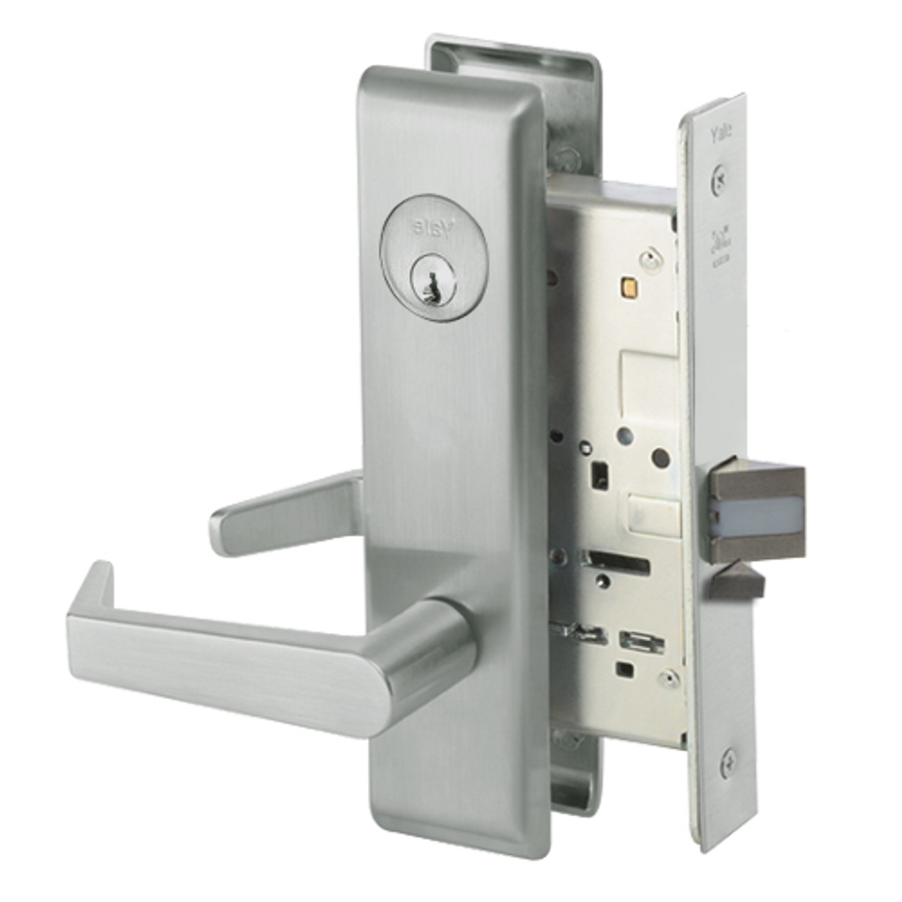 AUCN8864FL-619 Yale 8800FL Series Single Cylinder Mortise Bathroom Lock with Indicator with Augusta Lever in Satin Nickel