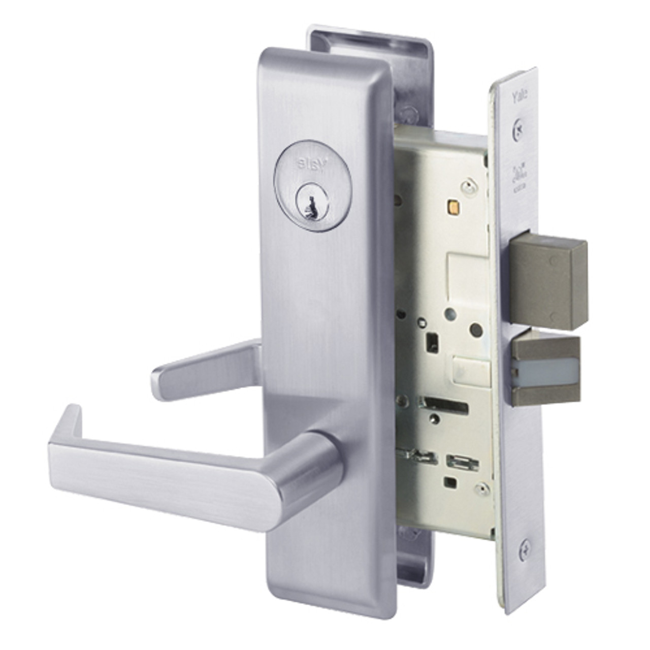 AUCN8822FL-626 Yale 8800FL Series Single Cylinder with Deadbolt Mortise Bathroom Lock with Indicator with Augusta Lever in Satin Chrome