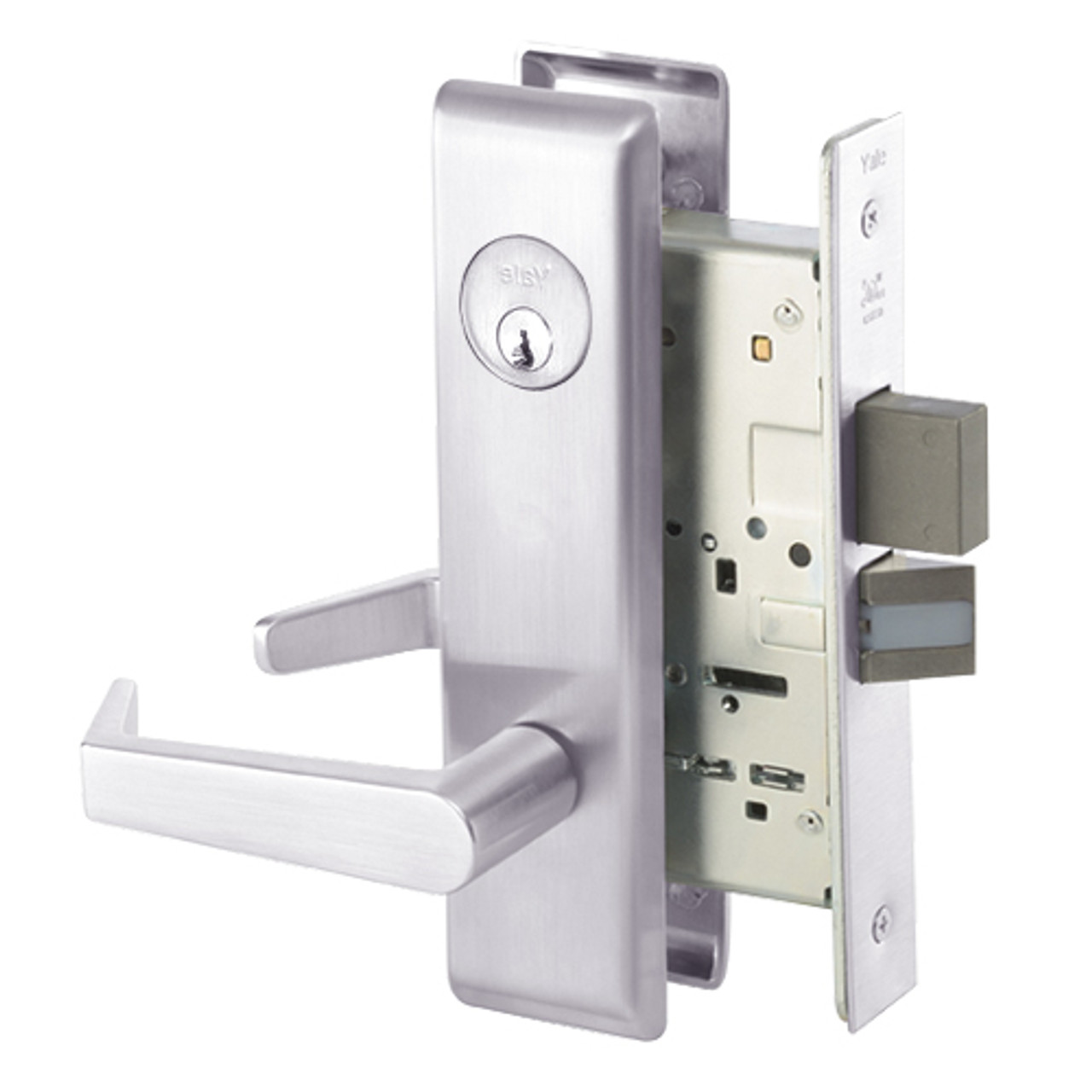 AUCN8822FL-629 Yale 8800FL Series Single Cylinder with Deadbolt Mortise Bathroom Lock with Indicator with Augusta Lever in Bright Stainless Steel