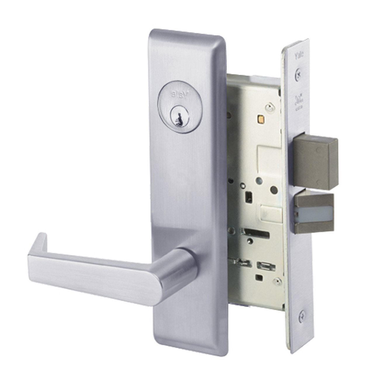 AUCN8823FL-626 Yale 8800FL Series Single Cylinder with Deadbolt Mortise Storeroom Lock with Indicator with Augusta Lever in Satin Chrome