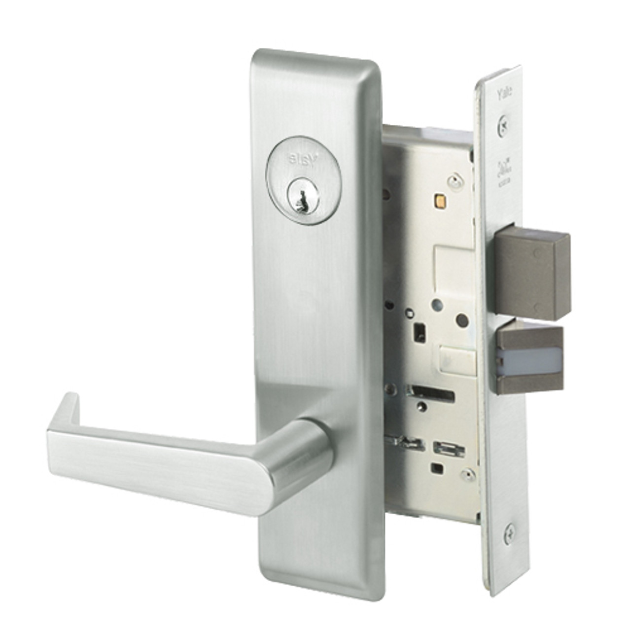 AUCN8823FL-618 Yale 8800FL Series Single Cylinder with Deadbolt Mortise Storeroom Lock with Indicator with Augusta Lever in Bright Nickel