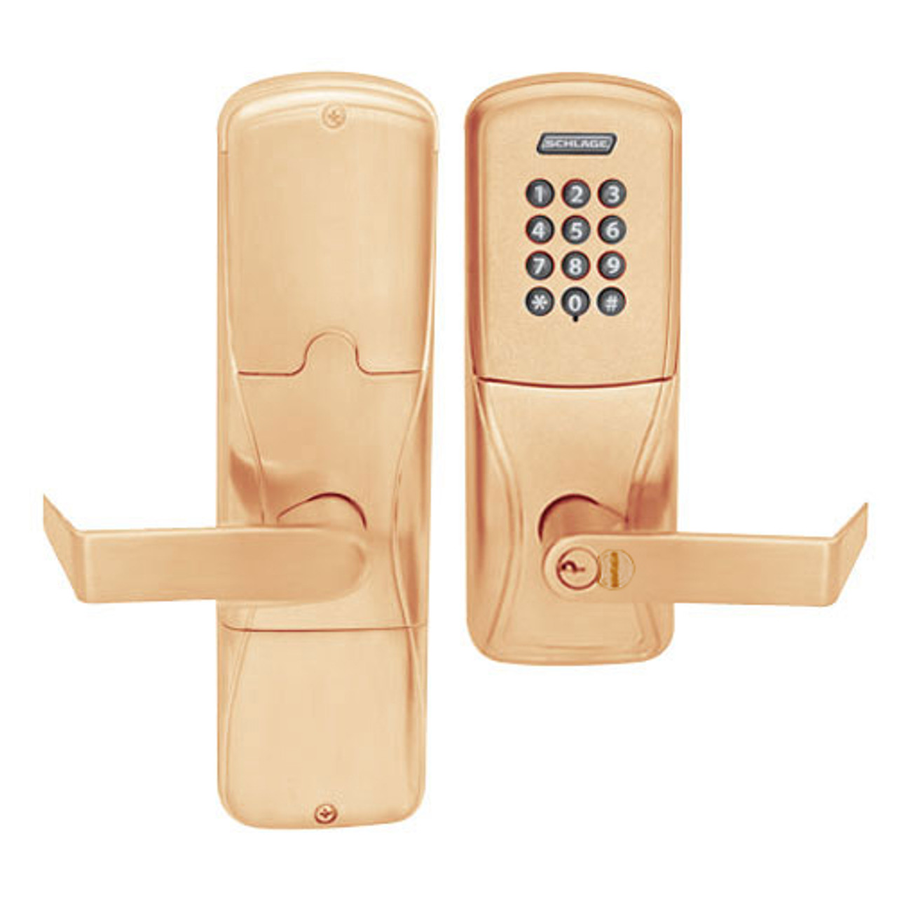 AD200-CY-60-KP-RHO-GD-29R-612 Schlage Apartment Cylindrical Keypad Lock with Rhodes Lever in Satin Bronze