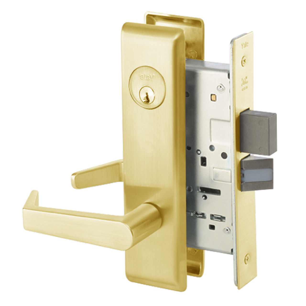 AUCN8860FL-605 Yale 8800FL Series Single Cylinder with Deadbolt Mortise Entrance or Storeroom Lock with Indicator with Augusta Lever in Bright Brass