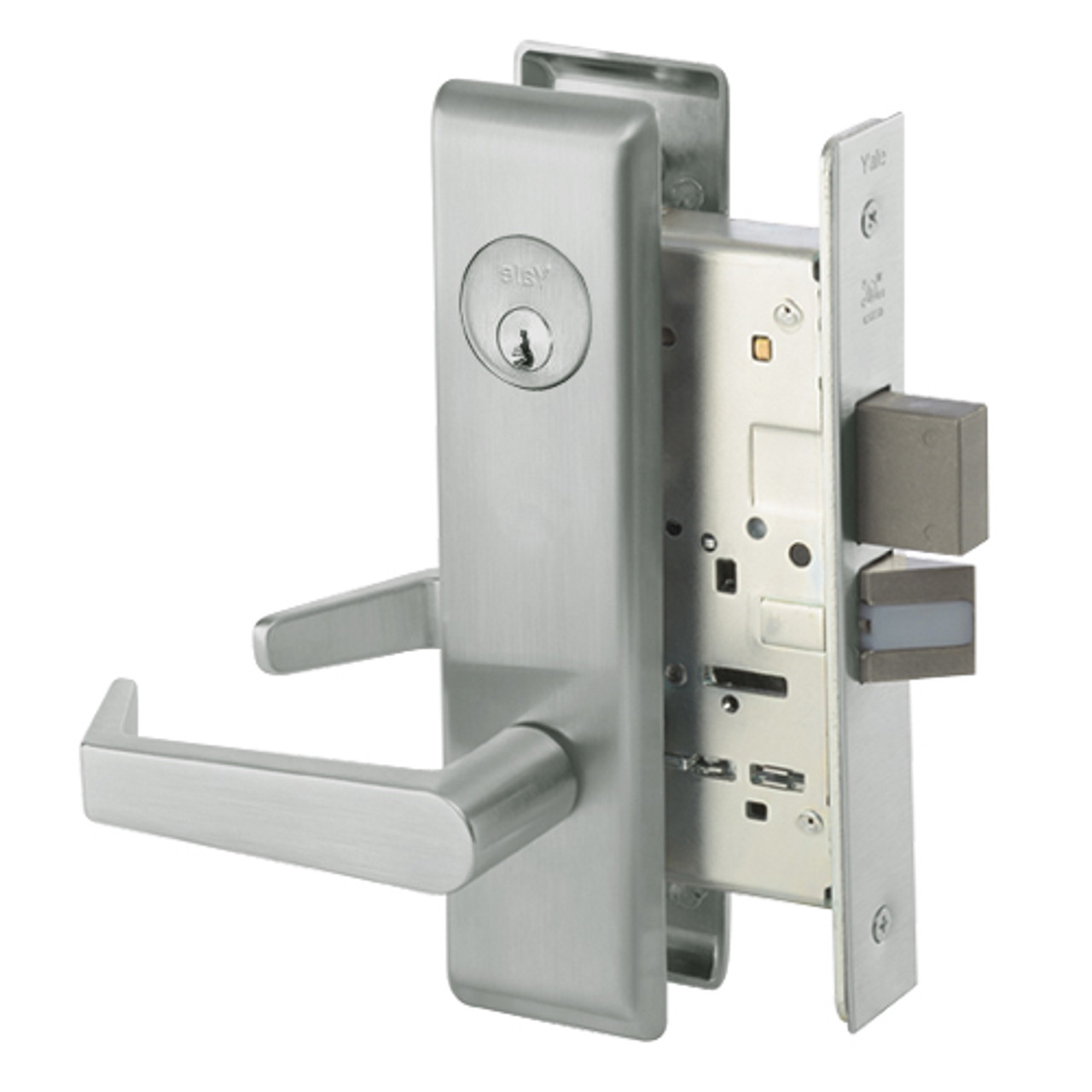 AUCN8861FL-619 Yale 8800FL Series Single Cylinder with Deadbolt Mortise Dormitory or Storeroom Lock with Indicator with Augusta Lever in Satin Nickel