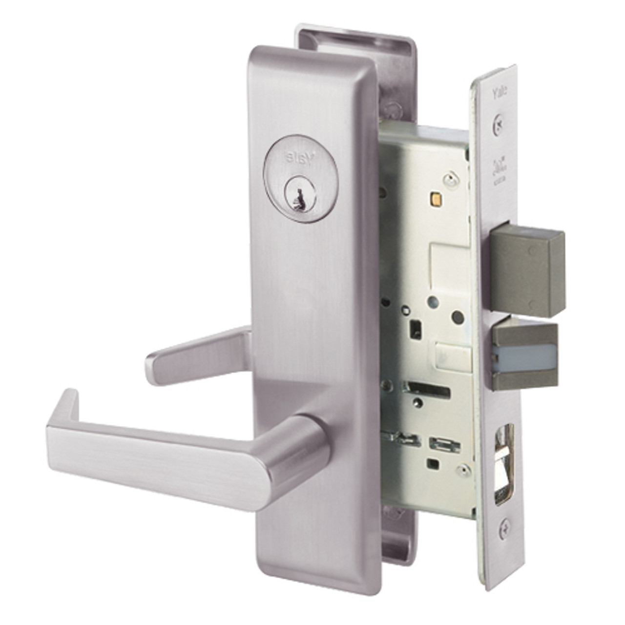 AUCN8867FL-630 Yale 8800FL Series Single Cylinder with Deadbolt Mortise Dormitory or Exit Lock with Indicator with Augusta Lever in Satin Stainless Steel