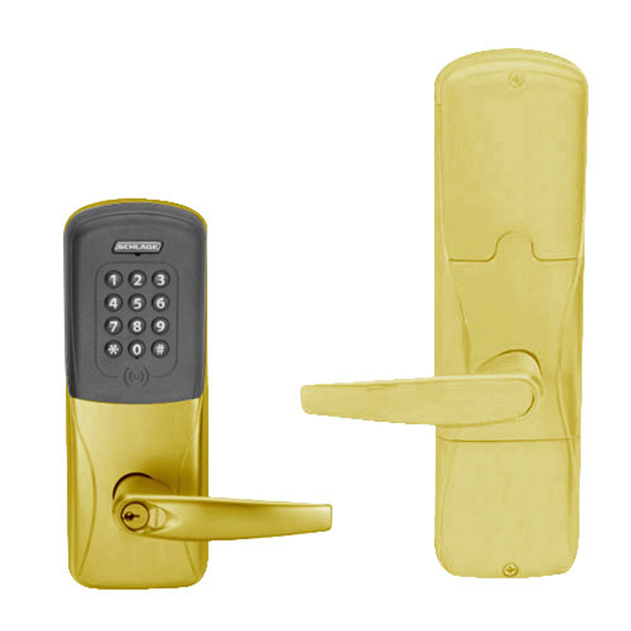 AD200-CY-60-MTK-ATH-GD-29R-605 Schlage Apartment Cylindrical Multi-Technology Keypad Lock with Athens Lever in Bright Brass