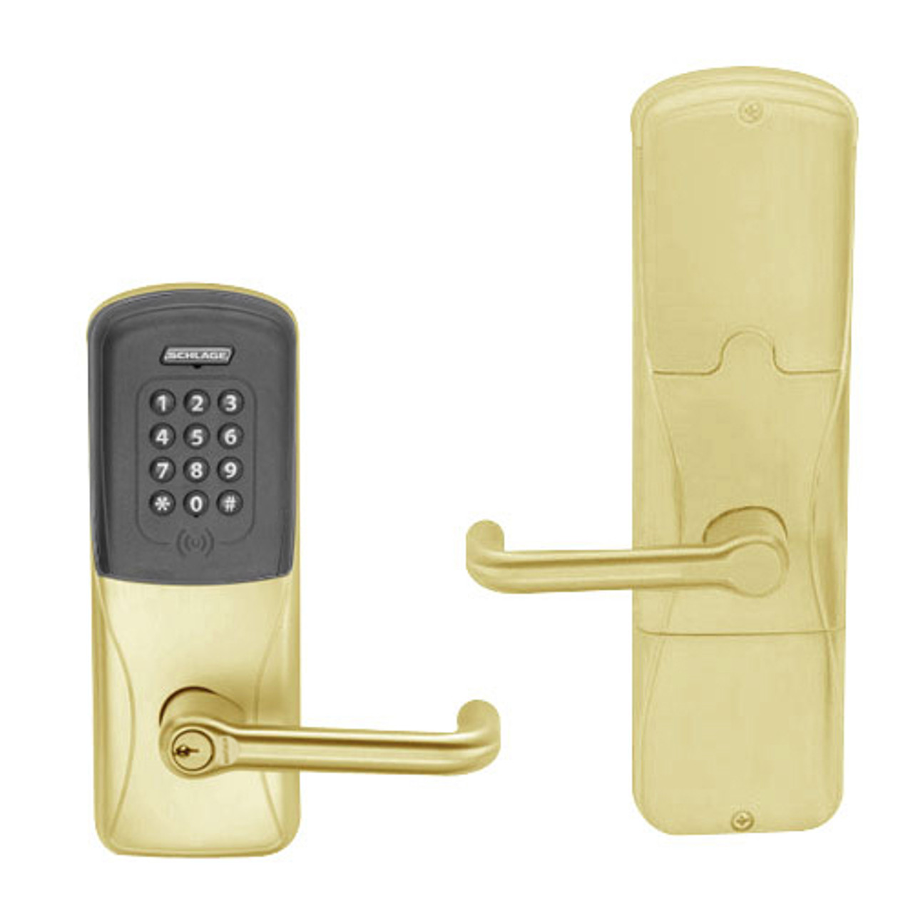 AD200-CY-60-MTK-TLR-GD-29R-606 Schlage Apartment Cylindrical Multi-Technology Keypad Lock with Tubular Lever in Satin Brass