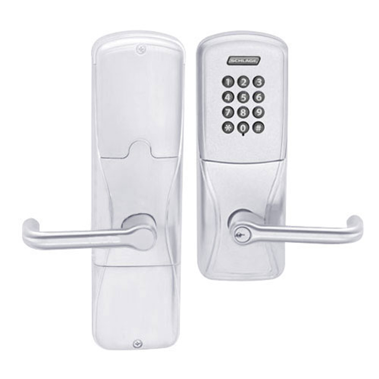 AD200-CY-40-KP-TLR-PD-625 Schlage Privacy Cylindrical Keypad Lock with Tubular Lever in Bright Chrome