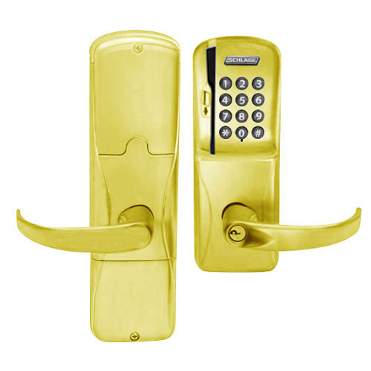 AD200-CY-40-MSK-SPA-PD-605 Schlage Privacy Magnetic Stripe Keypad Lock with Sparta Lever in Bright Brass