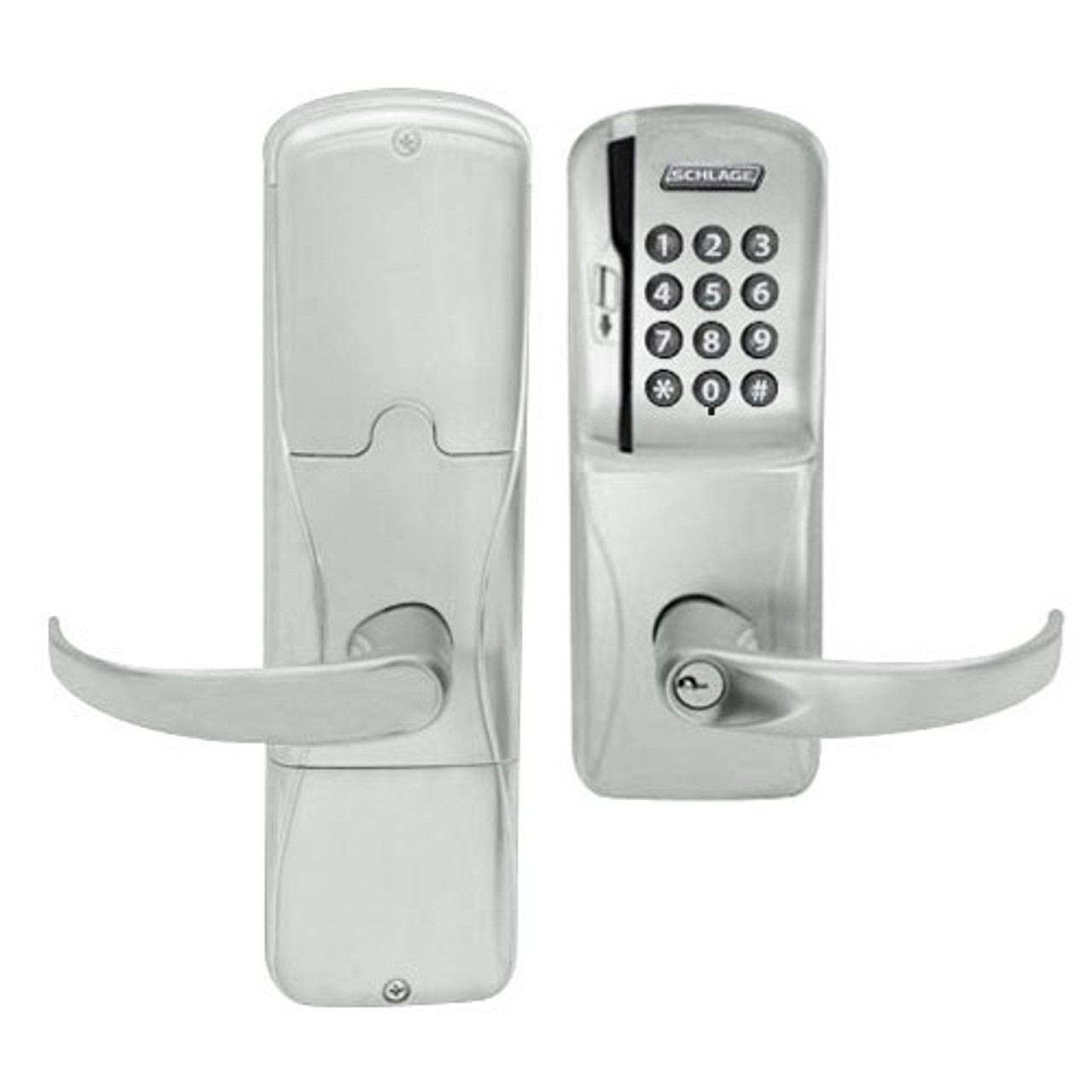 AD200-CY-40-MSK-SPA-PD-619 Schlage Privacy Magnetic Stripe Keypad Lock with Sparta Lever in Satin Nickel