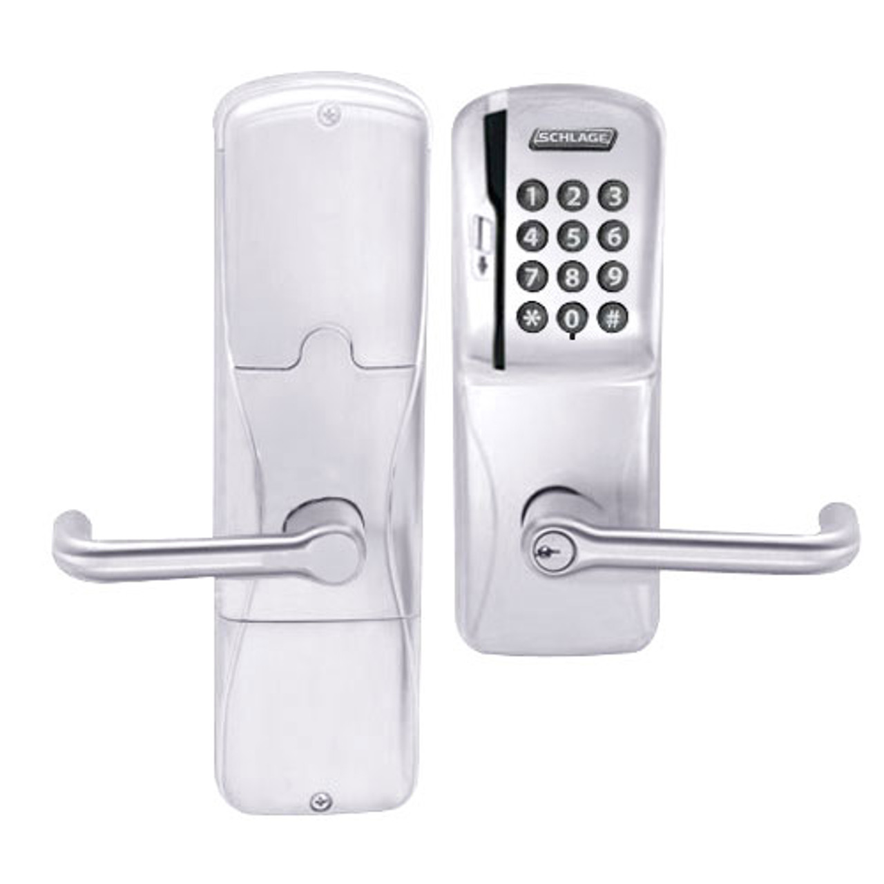 AD200-CY-40-MSK-TLR-PD-625 Schlage Privacy Magnetic Stripe Keypad Lock with Tubular Lever in Bright Chrome