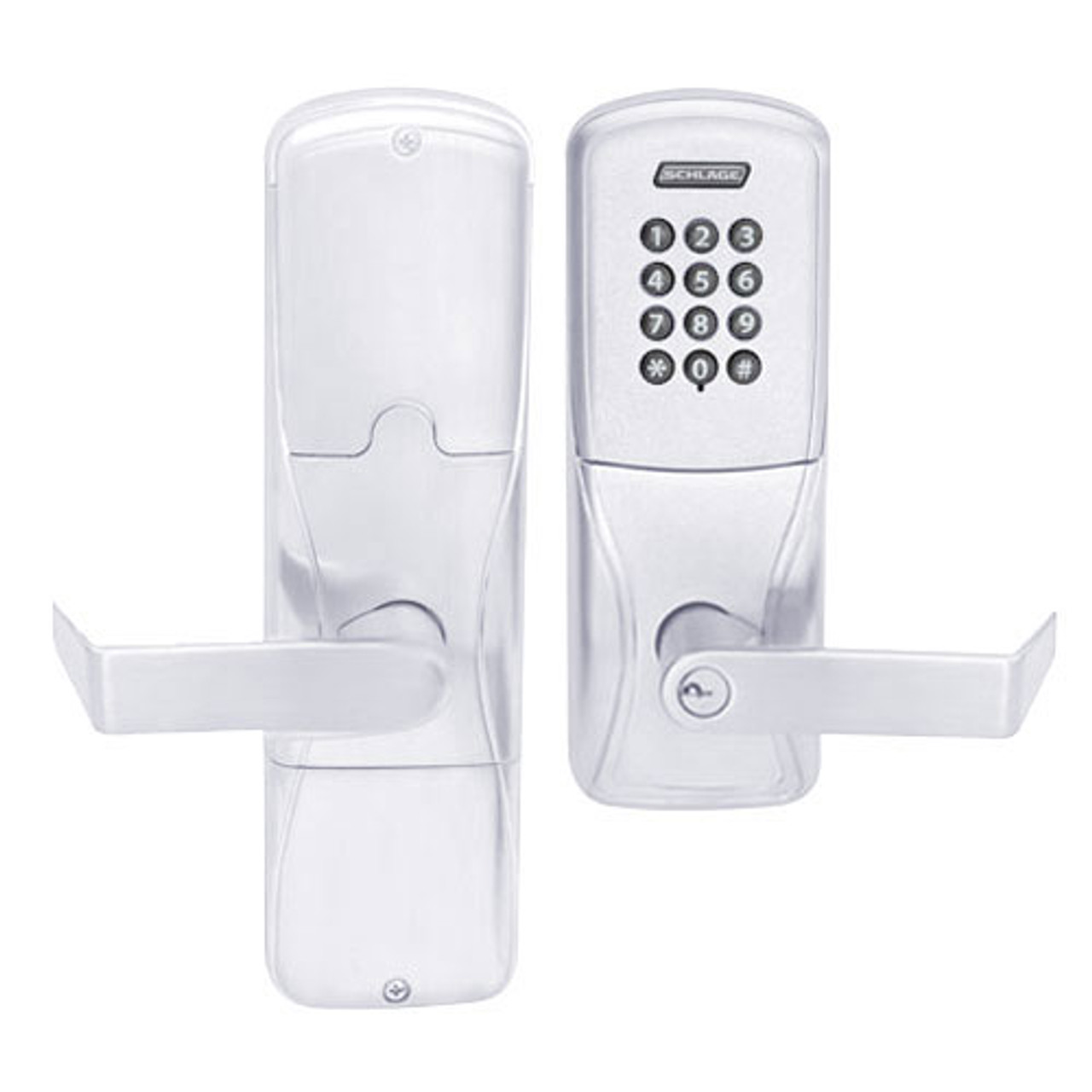 AD200-CY-70-KP-RHO-PD-625 Schlage Classroom/Storeroom Cylindrical Keypad Lock with Rhodes Lever in Bright Chrome