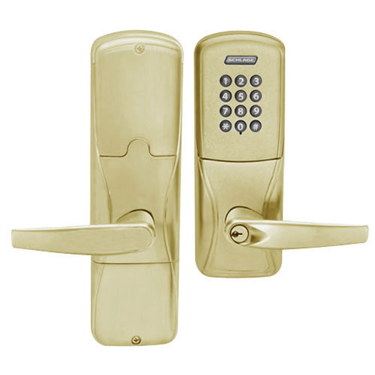 AD200-CY-70-KP-ATH-PD-606 Schlage Classroom/Storeroom Cylindrical Keypad Lock with Athens Lever in Satin Brass