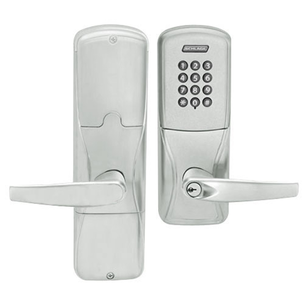AD200-CY-70-KP-ATH-PD-619 Schlage Classroom/Storeroom Cylindrical Keypad Lock with Athens Lever in Satin Nickel