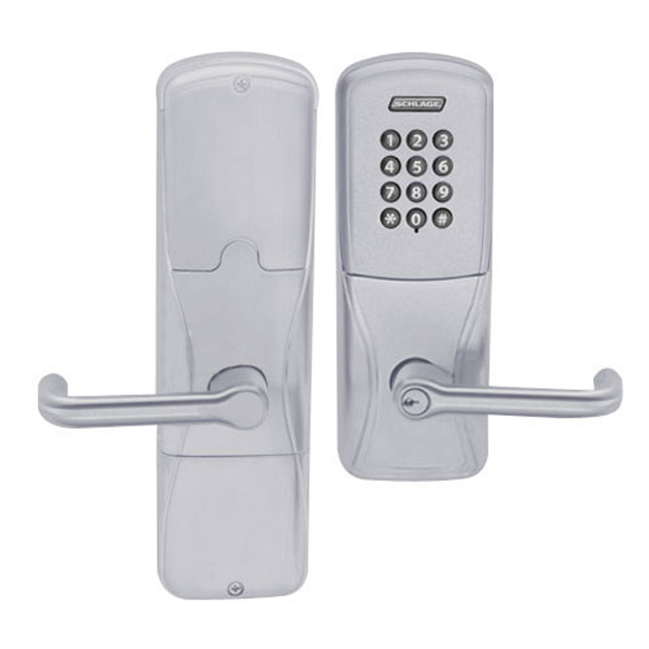 AD200-CY-70-KP-TLR-PD-626 Schlage Classroom/Storeroom Cylindrical Keypad Lock with Tubular Lever in Satin Chrome