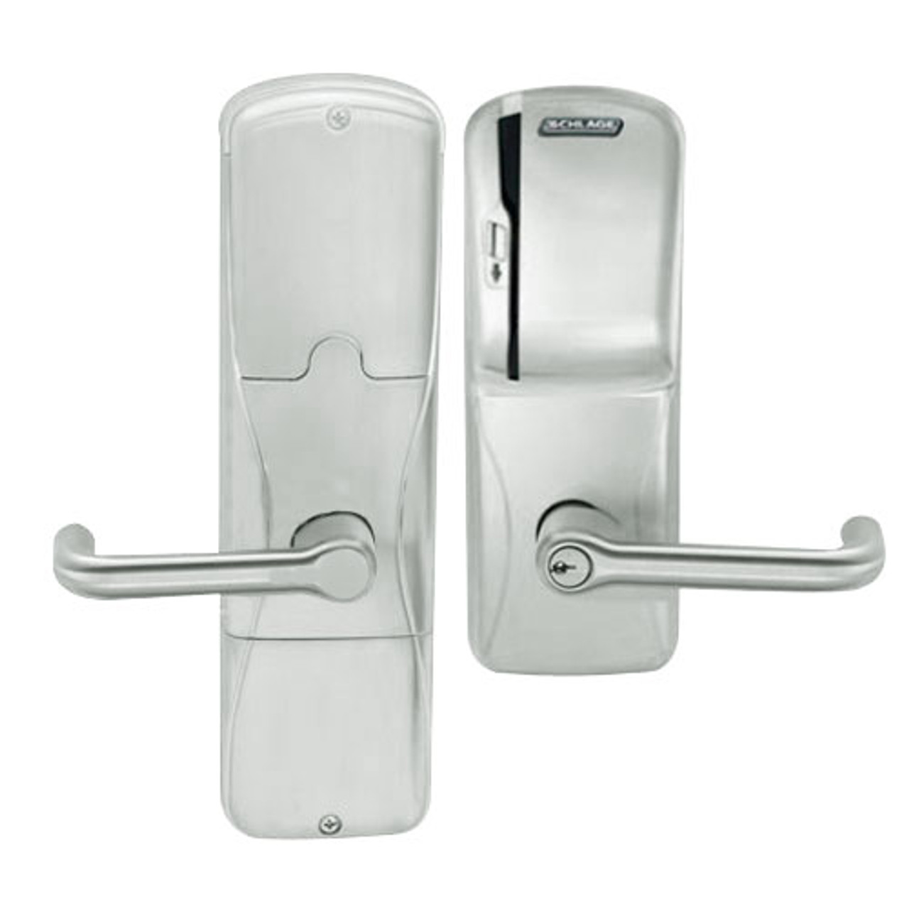 AD200-CY-70-MS-TLR-PD-619 Schlage Classroom/Storeroom Magnetic Stripe(Swipe) Lock with Tubular Lever in Satin Nickel