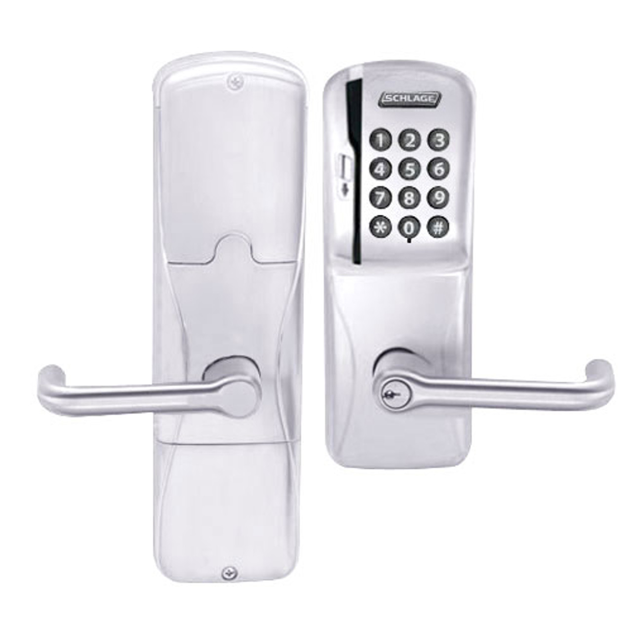 AD200-CY-70-MSK-TLR-PD-625 Schlage Classroom/Storeroom Magnetic Stripe Keypad Lock with Tubular Lever in Bright Chrome