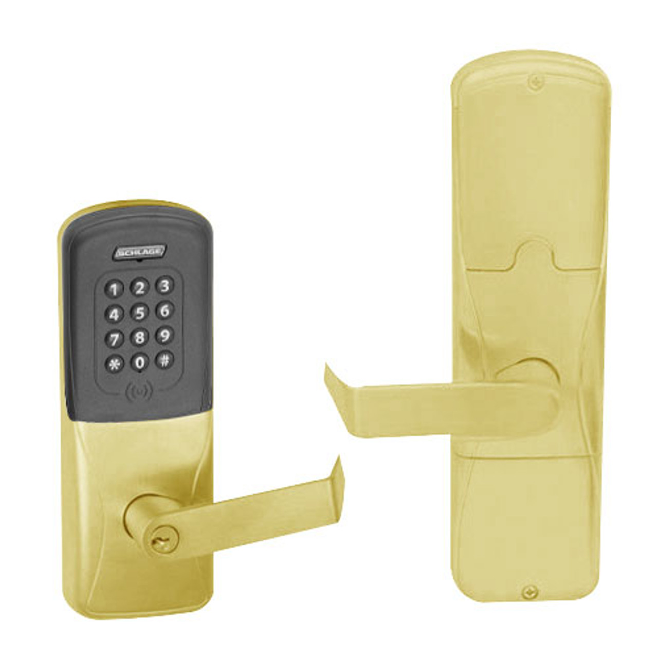 AD200-CY-70-MTK-RHO-PD-606 Schlage Classroom/Storeroom Multi-Technology Keypad Lock with Rhodes Lever in Satin Brass