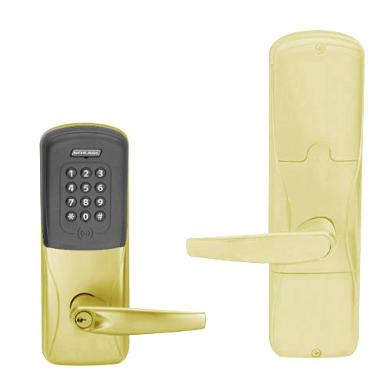 AD200-CY-70-MTK-ATH-PD-606 Schlage Classroom/Storeroom Multi-Technology Keypad Lock with Athens Lever in Satin Brass