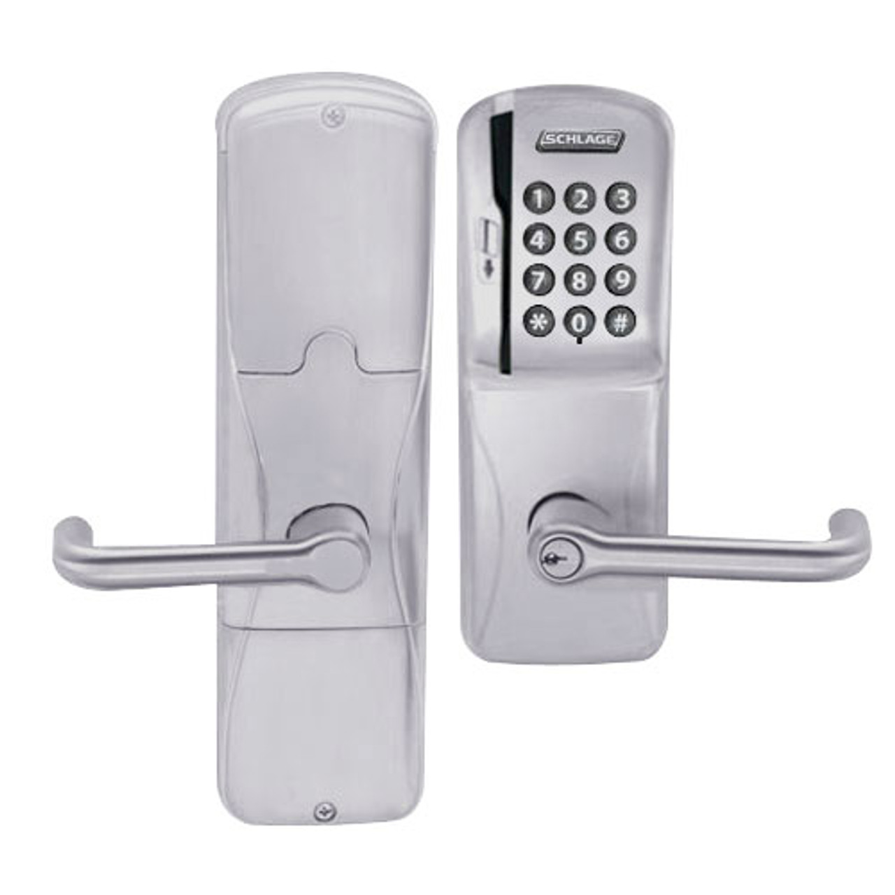 AD200-CY-50-MSK-TLR-PD-626 Schlage Office Magnetic Stripe Keypad Lock with Tubular Lever in Satin Chrome