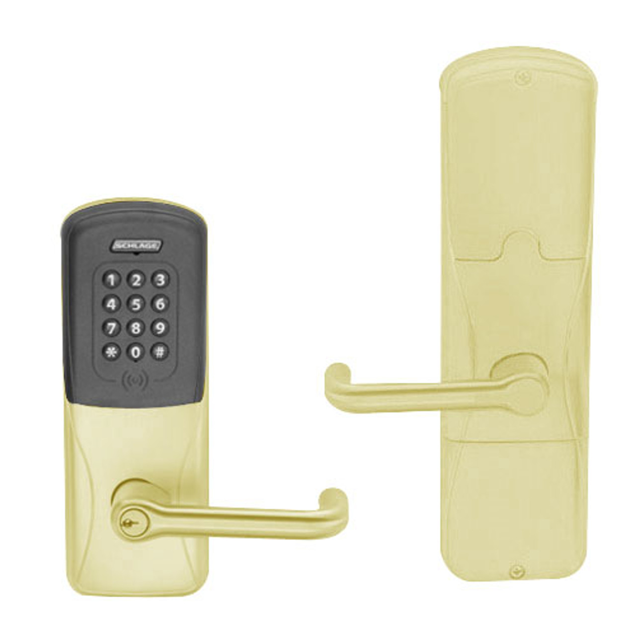 AD200-CY-50-MTK-TLR-PD-606 Schlage Office Multi-Technology Keypad Lock with Tubular Lever in Satin Brass