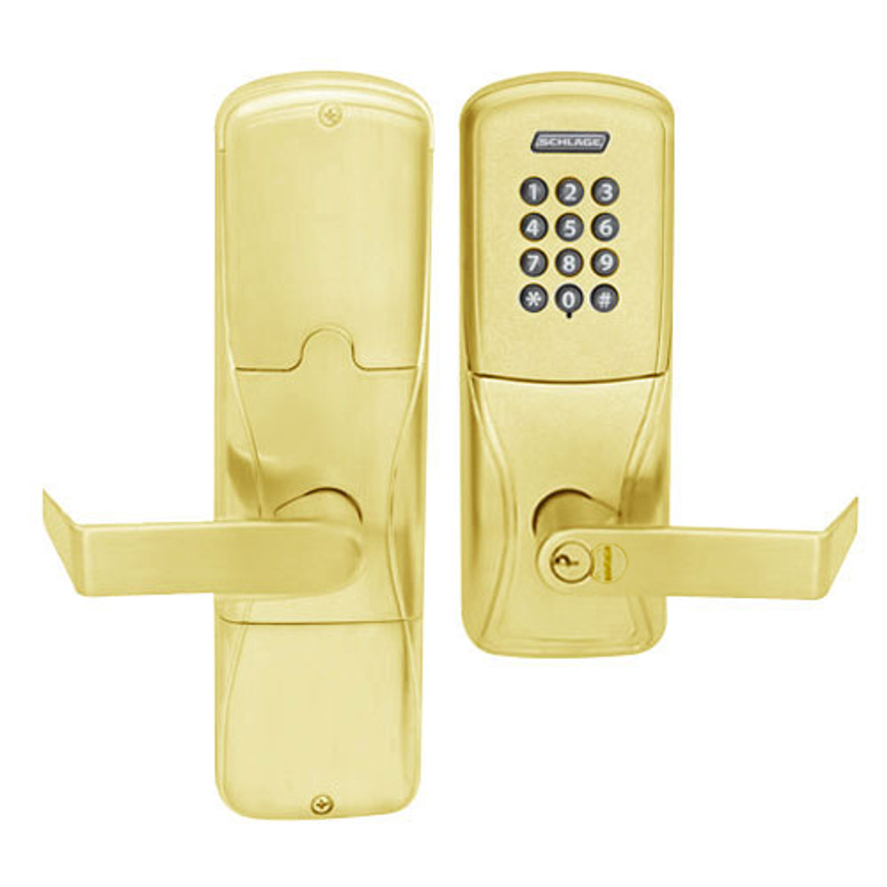 AD200-CY-70-KP-RHO-RD-605 Schlage Classroom/Storeroom Cylindrical Keypad Lock with Rhodes Lever in Bright Brass