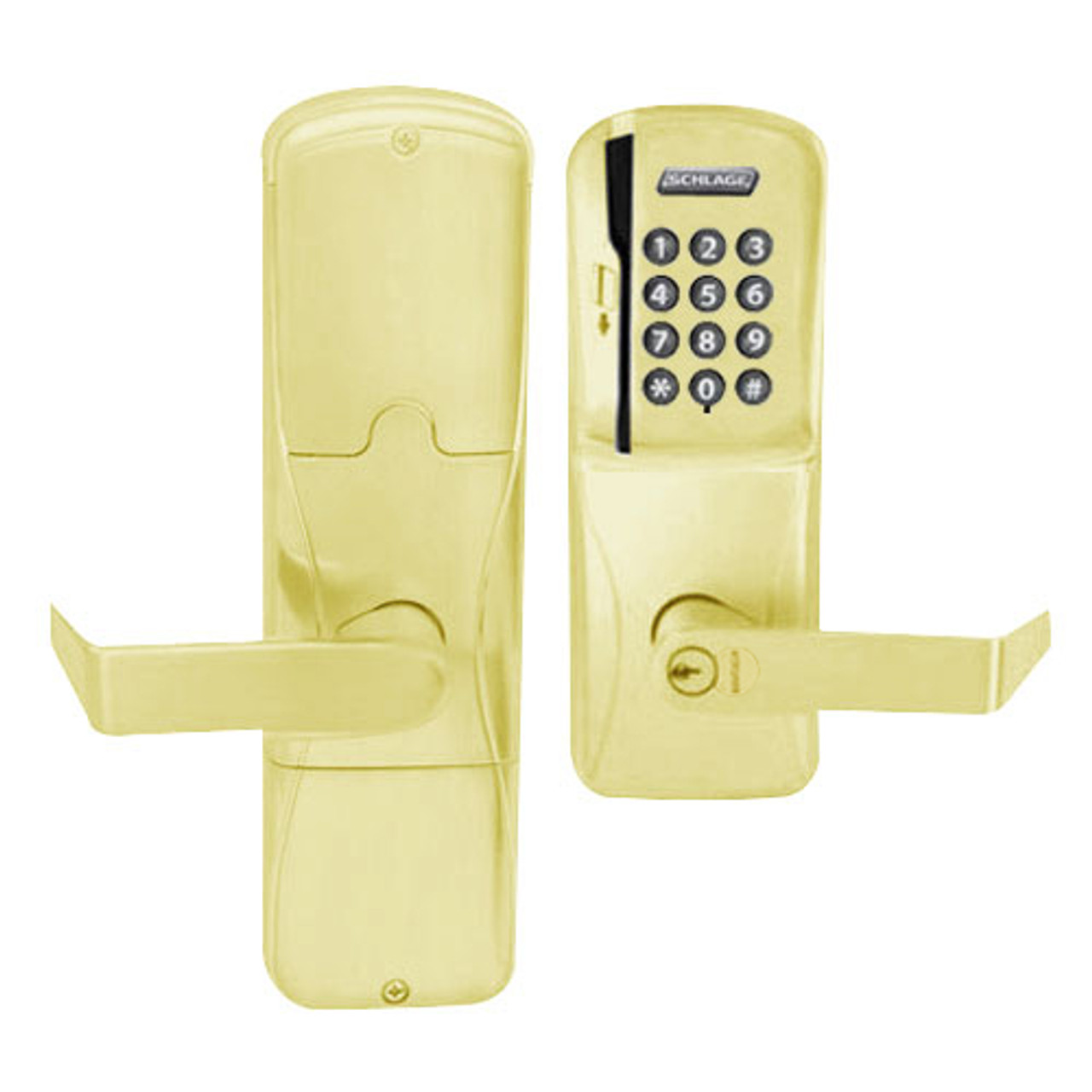 AD200-CY-70-MSK-RHO-RD-605 Schlage Classroom/Storeroom Magnetic Stripe Keypad Lock with Rhodes Lever in Bright Brass