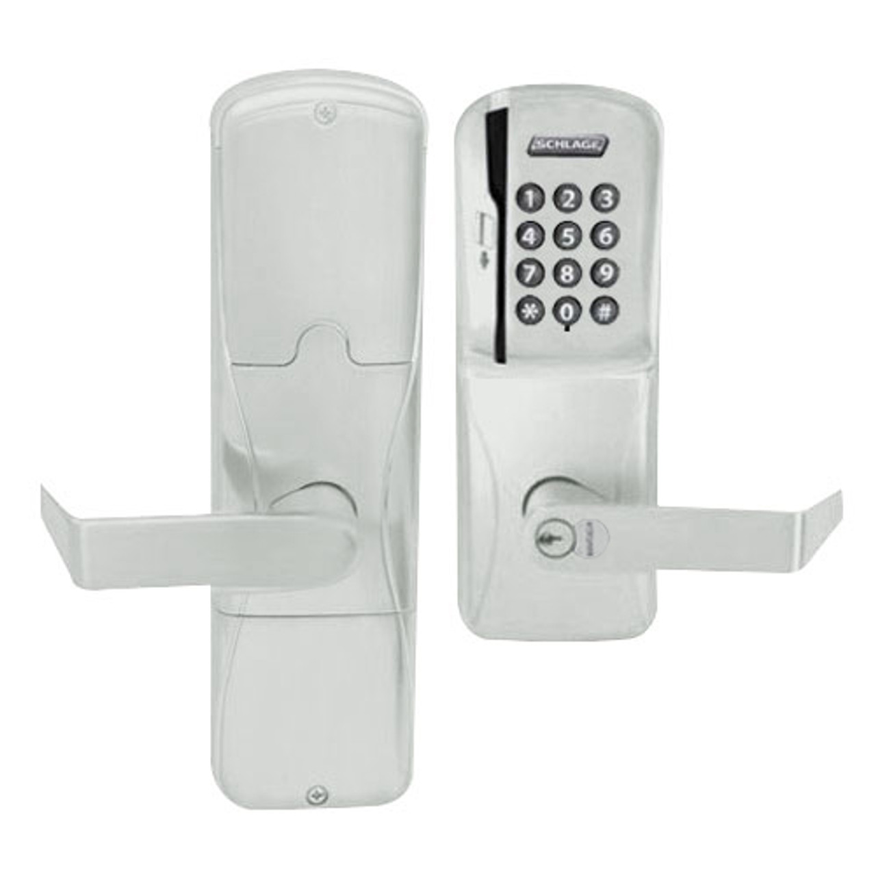 AD200-CY-70-MSK-RHO-RD-619 Schlage Classroom/Storeroom Magnetic Stripe Keypad Lock with Rhodes Lever in Satin Nickel