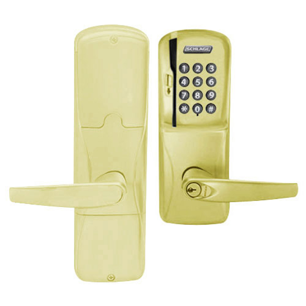 AD200-CY-70-MSK-ATH-RD-605 Schlage Classroom/Storeroom Magnetic Stripe Keypad Lock with Athens Lever in Bright Brass