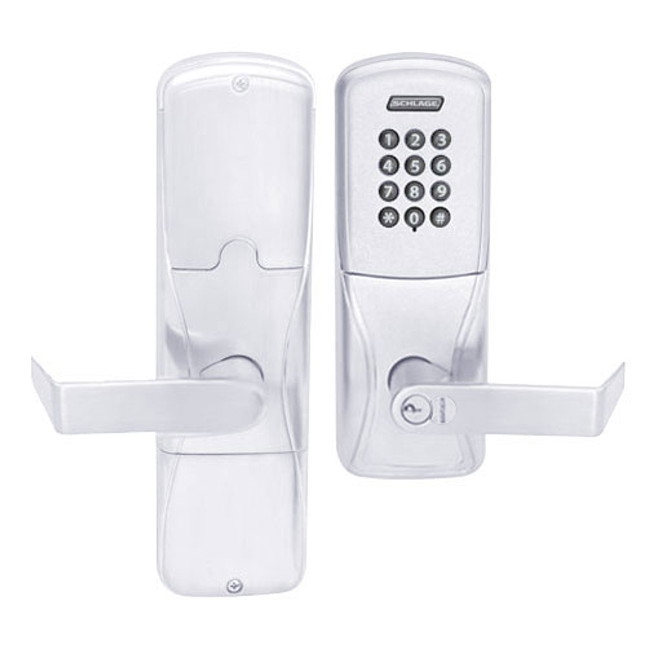 AD200-CY-70-KP-RHO-GD-29R-625 Schlage Classroom/Storeroom Cylindrical Keypad Lock with Rhodes Lever in Bright Chrome