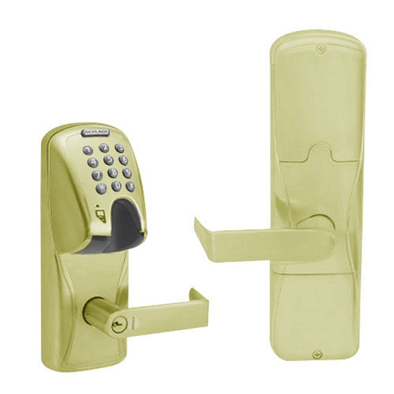 AD200-CY-50-MGK-RHO-GD-29R-606 Schlage Office Magnetic Stripe(Insert) Keypad Lock with Rhodes Lever in Satin Brass