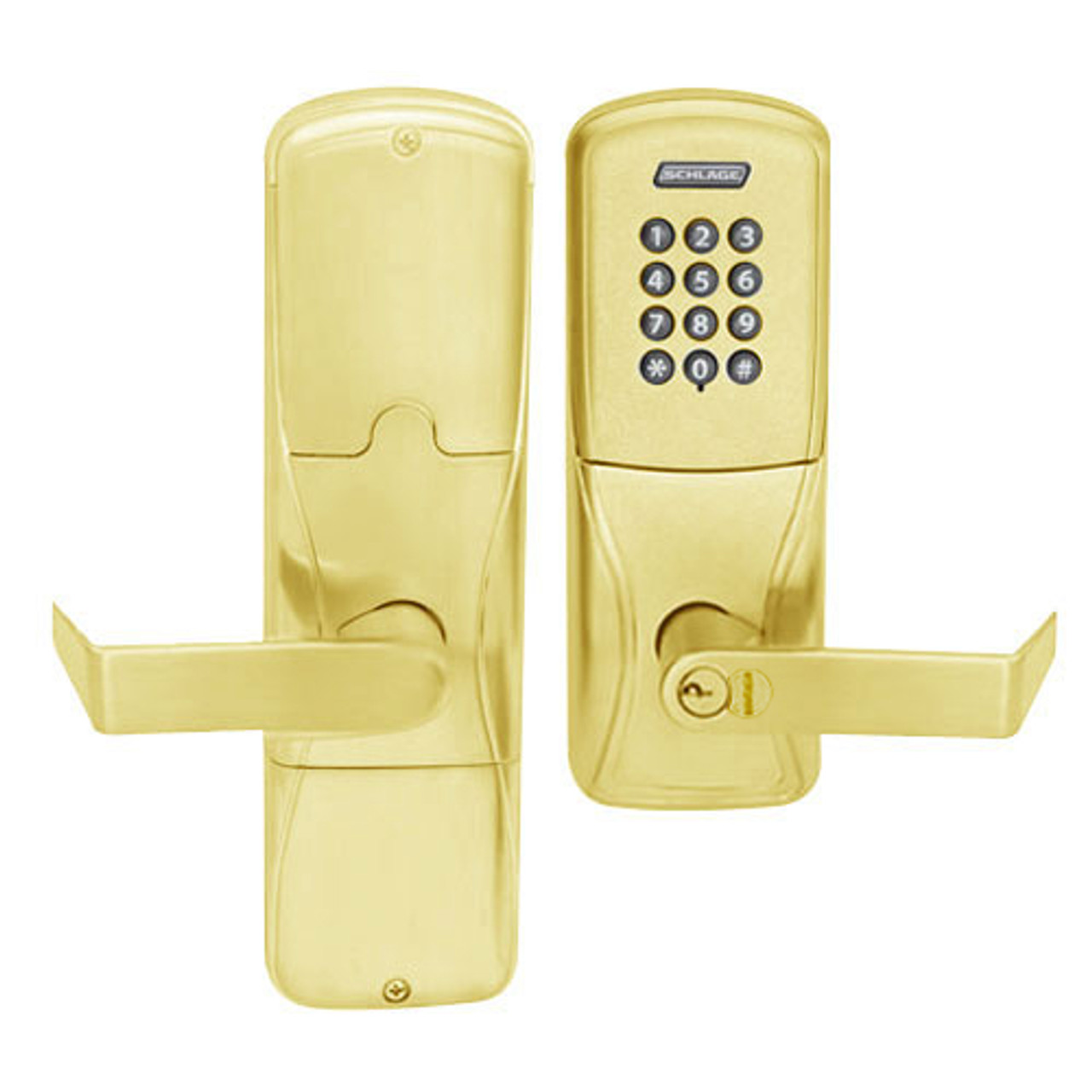 AD200-MS-70-KP-RHO-RD-605 Schlage Classroom/Storeroom Mortise Keypad Lock with Rhodes Lever in Bright Brass