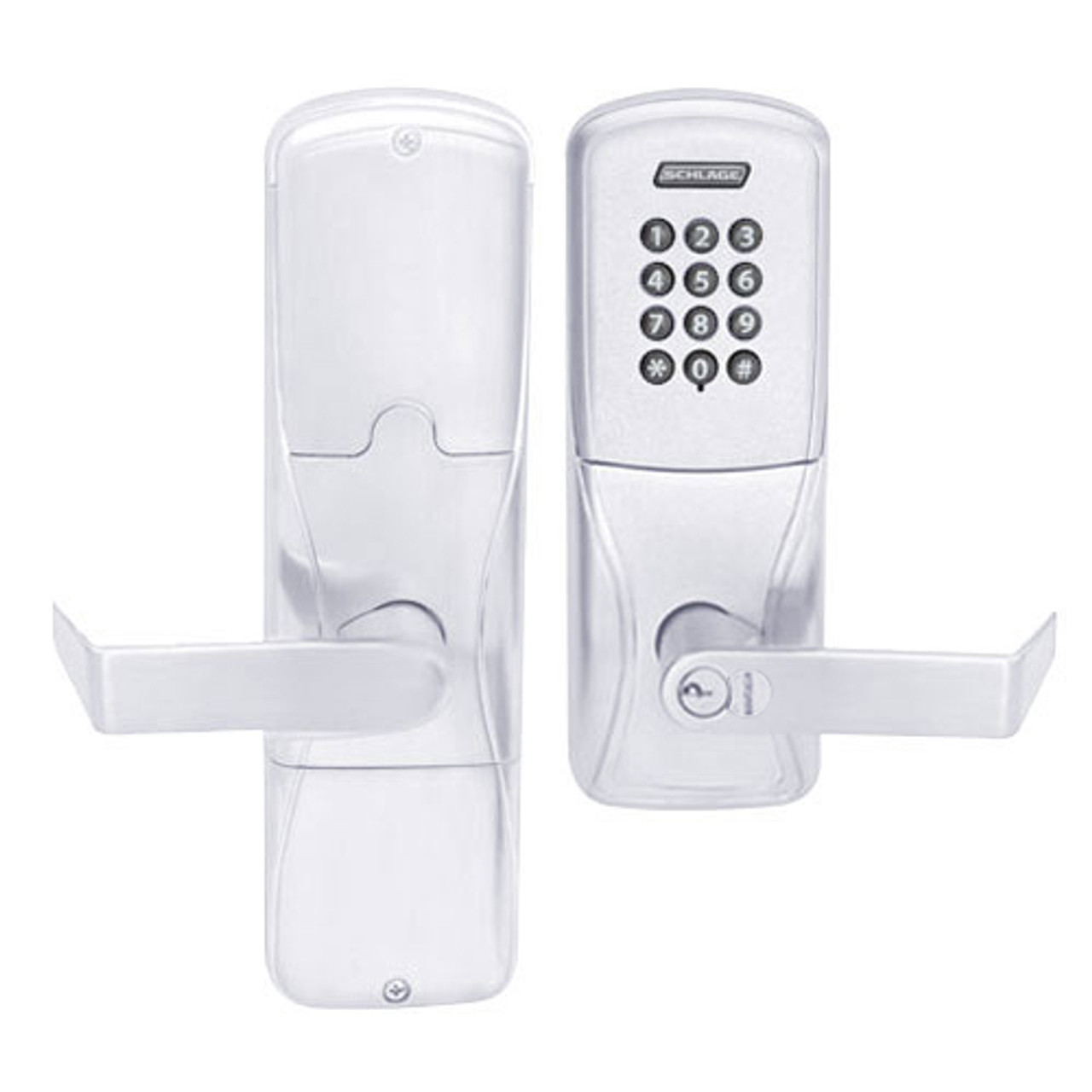 AD200-MS-70-KP-RHO-RD-625 Schlage Classroom/Storeroom Mortise Keypad Lock with Rhodes Lever in Bright Chrome